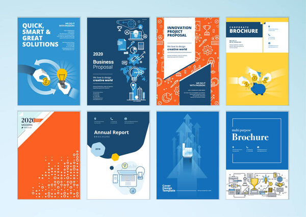 Set of brochure, annual report, business plan cover design templates. Vector illustrations for business presentation, business paper, corporate document, flyer and marketing material.