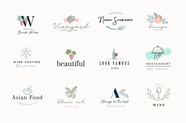 Yiyecek ve içecek için bir dizi işaret. Grafik ve web tasarımı için vektör illüstrasyonları, pazarlama materyali, restoran menüsü, doğal ürün sunumu, ambalaj tasarımı.