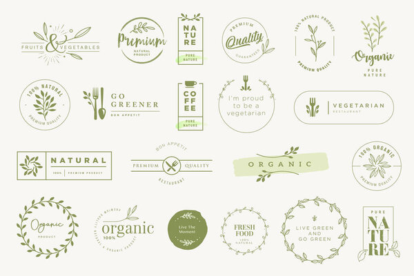 Set of labels and stickers for organic and natural products. Vector illustrations for graphic and web design, marketing material, restaurant menu, food and drink,  packaging design.
