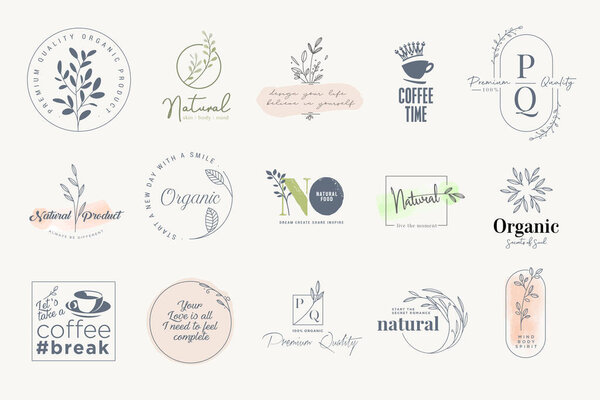 Set of stickers and badges for organic and natural products. Vector illustrations for graphic and web design, marketing material, restaurant menu, food and drink,  packaging design.