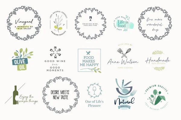 Set Etiketten Stickers Voor Eten Drinken Vector Illustraties Voor Grafisch — Stockvector