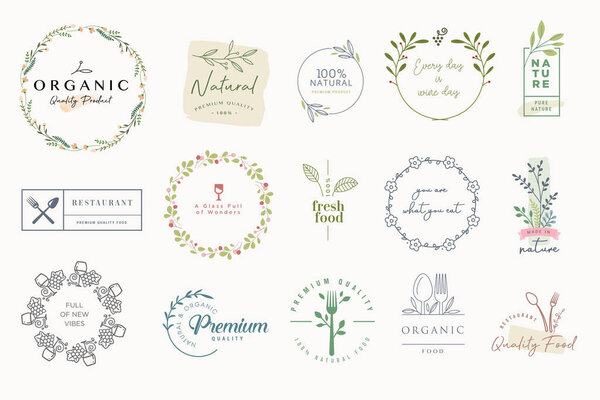 Set of labels and badges for organic and natural products. Vector illustrations for graphic and web design, marketing material, restaurant menu, food and drink,  packaging design.