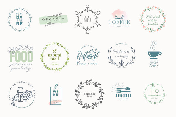 Set of signs for food and drink. Vector illustrations for graphic and web design, marketing material, restaurant menu, organic products presentation, packaging design.