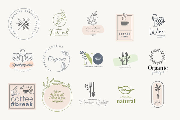 Set of badges and stickers for food and drink. Vector illustrations for graphic and web design, marketing material, restaurant menu, natural products presentation, packaging design.