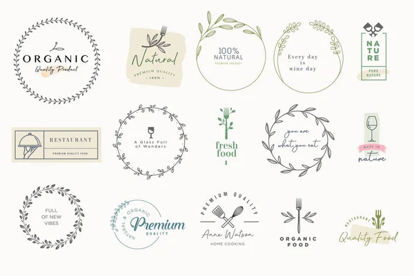 食物和饮料的一套标签和徽章 平面设计和网页设计 营销材料 餐厅菜单 自然产品展示 包装设计的矢量插图 — 图库矢量图片