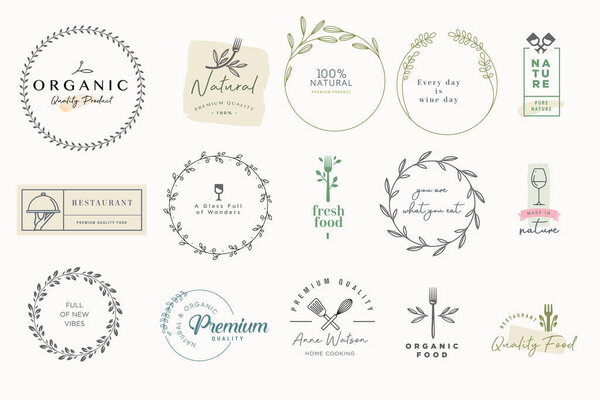 Set of labels and badges for food and drink. Vector illustrations for graphic and web design, marketing material, restaurant menu, natural products presentation, packaging design.
