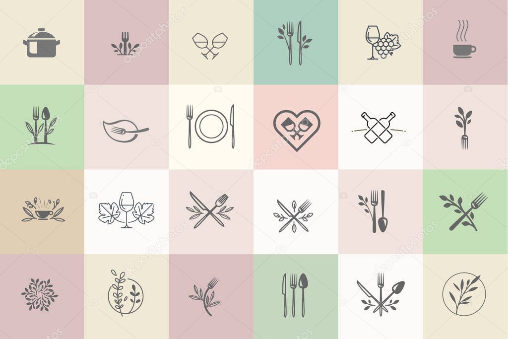 Set of icons for food and drink. Vector illustrations for graphic and web design, marketing material, restaurant menu, natural and organic products presentation, packaging design.
