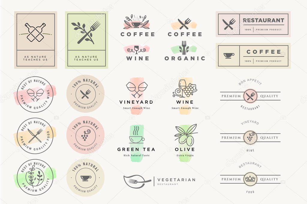 Set of stickers and labels for food and drink. Vector illustrations for graphic and web design, marketing material, restaurant menu, natural and organic products presentation, packaging design.