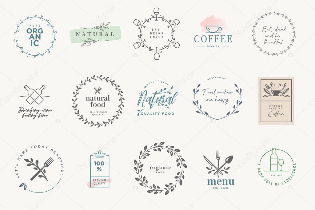 Set of badges and stickers for food and drink. Vector illustrations for graphic and web design, marketing material, restaurant menu, natural and organic products presentation, packaging design.