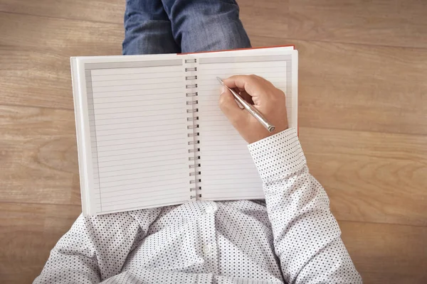 Man Writing Notebook His Lap Concept Background Website Banner Poster — Stock Photo, Image