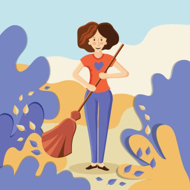 Gönüllü dışarıda temizlik yapıyor. İnsanlar çöp topluyor. Genç kadın sonbahar yapraklarını çıkarmaya yardım eder. Gönüllü olmak, ekoloji, çevre kavramı. Vektör düz çizim. Kamu işleri. Hizmetli