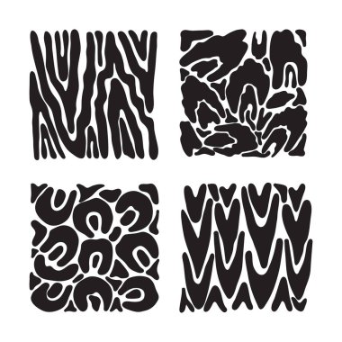 Vektör içindeki soyut, pürüzsüz desenler kümesi. Hayvan ve geometrik izler. Vahşi yaşam zebra dokusu, kaplan derisi çizgileri ve leopar lekeleri. Arkaplan fırçayla boyanmış. El çizimi siyah ve beyaz