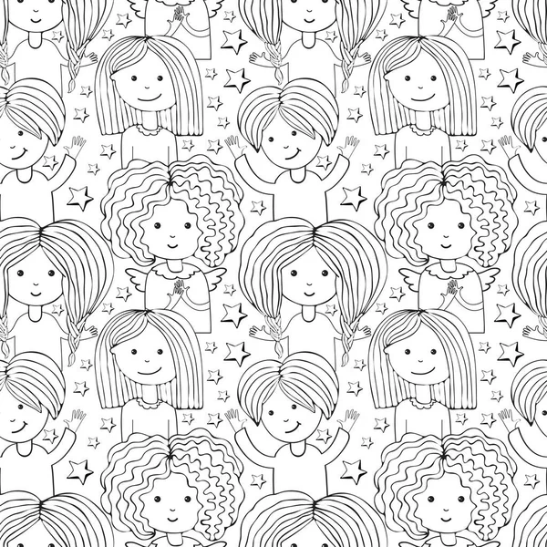 Nahtlose Muster lustige Mädchen lächeln. durchgehende Linie, Zeichnung von niedlichen Mädchen. Illustration der Kunstlinie. Skizze für Ihren Entwurf. weibliches Zeichen im Vektor. Handgezeichneter weiblicher Avatar. — Stockvektor