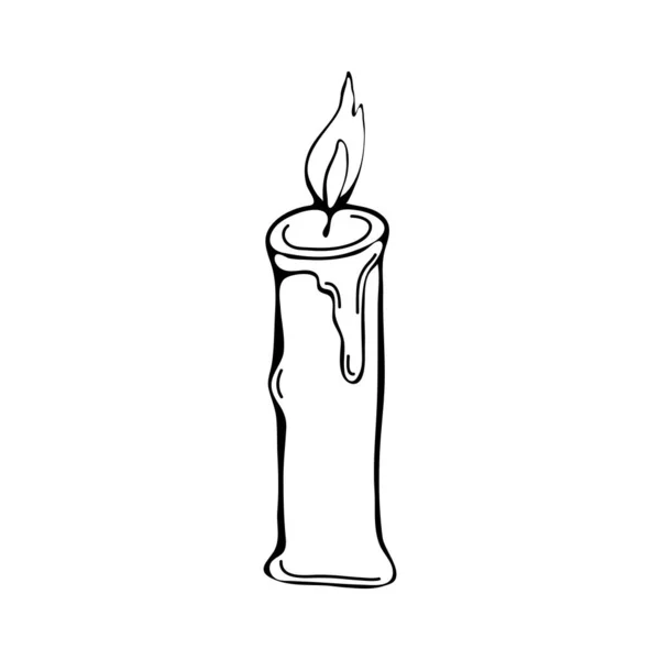 Brennende Kerze gezeichnet mit einer schwarzen Kunstlinie auf weißem Hintergrund. isoliertes Objekt. Handzeichnung. Urlaub, Geburtstagsgrußkarte, Festeinladung Gestaltungselement. eine durchgehende Linie schwarz — Stockvektor