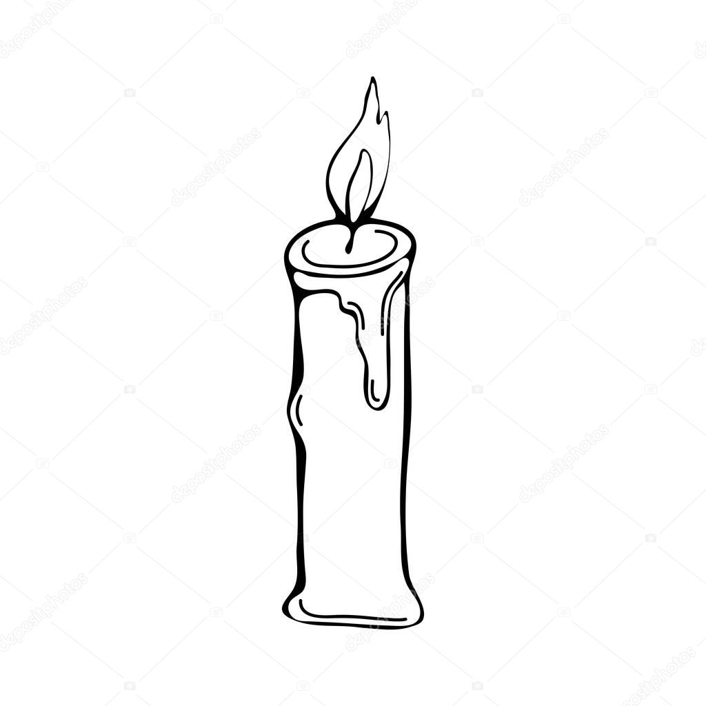 Burning candle drawn with a black art line on a white background. Isolated object. Hand drawing. Holiday, Birthday greeting card, celebration invitation design element. One continuous line black