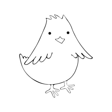 Vektör olarak küçük tavuk çizgisi. Çizgi film tarzında tatlı bir piliç. Siyah çizgili sürekli çizgi. Yavru çiftlik hayvanı. Küçük şirin tavuk yavrusu. El çizimi resim çizimi. Kuş siyah ve beyaz