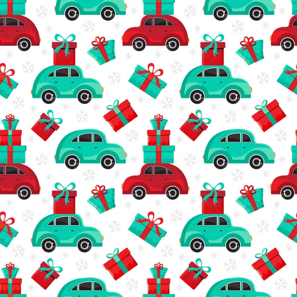 Modèle sans couture voitures rouges et vertes porte des cadeaux dans le vecteur. Noël et Nouvel An fond. Cartoon jouet voiture. Design plat vecteur festif élément de conception de vacances. Shopping de Noël . — Image vectorielle