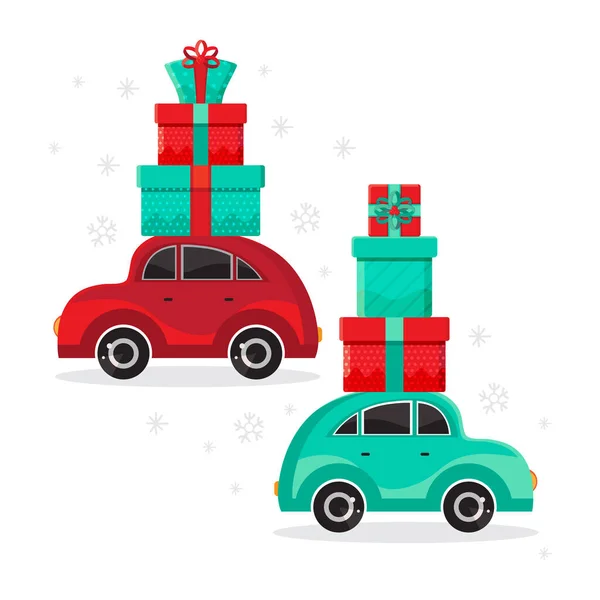 Set voitures rouges et vertes porte des cadeaux. Nouvel an et carte de Noël ou bannière en vecteur. Cartoon jouet voiture. Design plat vecteur festif élément de conception de vacances. Les courses de Noël. Illustration pour enfants . — Image vectorielle