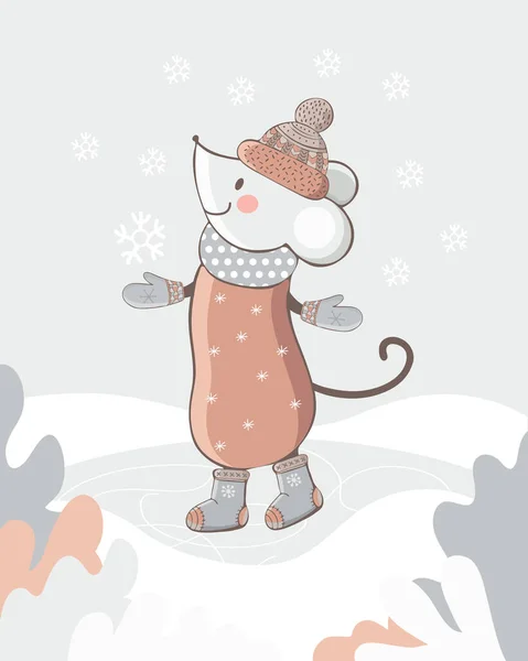 Niedliche Maus spaziert in Winterkleidung durch den Schnee. Neujahrs- oder Weihnachtskarte. Lustige Ratte mit Hut, Fäustlinge und Stiefel im Vektor. handgezeichneter Vintage-Stil. Kinderillustration. 2020 — Stockvektor