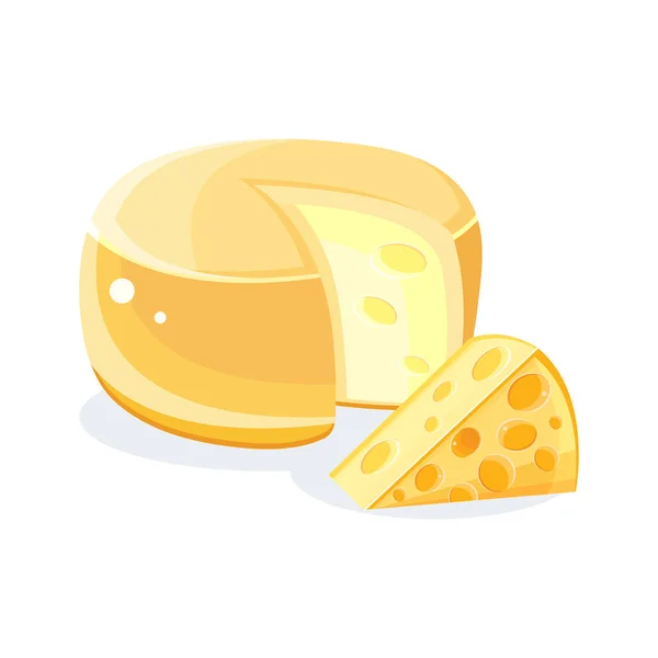 A large round yellow cheese with a cut square piece in the vector. Cartoon illustration of healthy dairy products. Icon farm products. Flat milk food symbol for web site design, mobile app. — Stock Vector