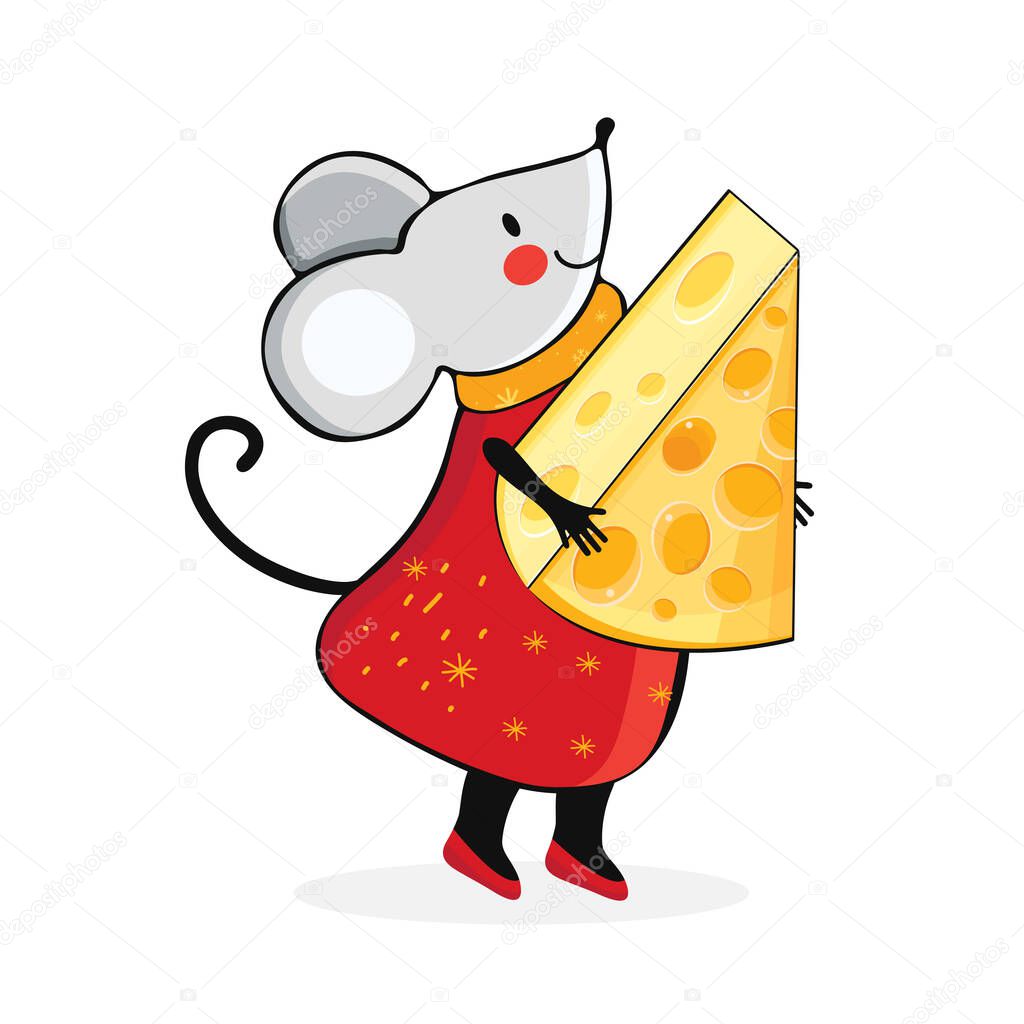 Cute cartoon mouse in vector. Kawaii mouse holds a piece of yellow cheese. Hand drawn funny rat. Chinese symbol 2020 new year. Christmas and New year card or banner. Christmas animals in the winter