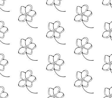Kusursuz desenli çiçek sanat çizgisi. Beyaz arka planda izole edilmiş vektör içinde Sakura veya Apple çiçek açar. Siyah beyaz çizgili bahar çiçekleri. Bahar ve çiçeklerin simgesi.