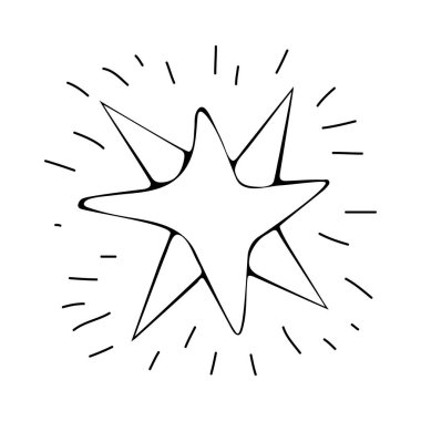 Vektör çizgisi ile çizilmiş bir Noel yıldızı. Siyah sürekli çizgi. Beyaz arka planda tek bir nesne var. Doodle 'da el çizimi bir şenlik simgesi