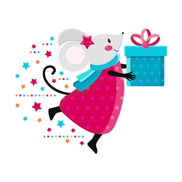 Χαριτωμένο ποντίκι κινουμένων σχεδίων σε διάνυσμα. Ποντίκι Kawaii κατέχει ένα δώρο. Ο χαρούμενος αρουραίος δίνει ένα δώρο. σύμβολο 2020. Αστεία ζώα διακοπών. Χριστούγεννα και Πρωτοχρονιά κάρτα ή πανό. Πολύχρωμη παιδική απεικόνιση — Διανυσματικό Αρχείο