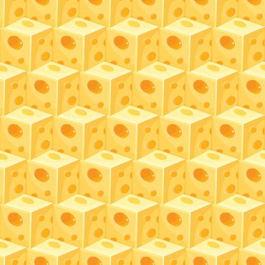 Vektör içinde kusursuz kare dilimlenmiş sarı peynir deseni. İsviçre peyniri arka planı. Gözenekli sarı bir parça. Süt ürünlerinin çizgi film çizimi.
