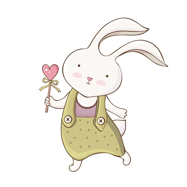 Cute cartoon Easter Bunny in vector. A little rabbit holds a heart. Vintage hand drawn style. Kawaii funny animal. Happy character. Greeting card for Easter, Valentine's day — Stock Vector
