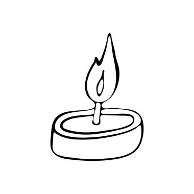Beyaz arka planda siyah çizgili yanan bir mum. Ayrı bir nesne. El çizimi. Tatil, doğum günü tebrik kartı, kutlama davetiyesi tasarımı. Bir tane sürekli siyah çizgi