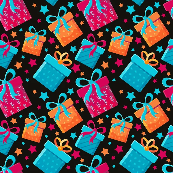 Seamless pattern different gift boxes in flat vector. Collection for Christmas, birthday and holidays. Christmas and new year background. Present box with bow. Cartoon . Colorful illustration — ストックベクタ