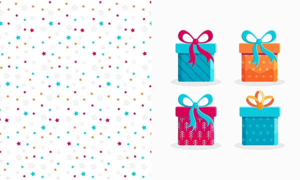 Набор бесшовных узоров и подарочных коробок в плоском векторе. Готовый дизайн для праздничного оформления нового года, Рождества, дня рождения, свадьбы — стоковый вектор