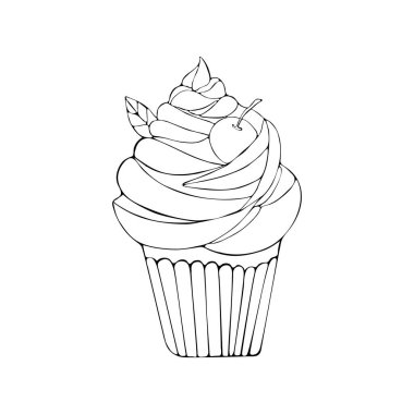 Devamlı çizgi çizimi. Cupcake vektör içinde. Beyaz arka planda izole edilmiş bir kutlama sembolü. Düğün pastası sanat çizgisinde. El çizimi çizimi. Sweets Sevgililer Günü, doğum günü. yiyecek simgesi