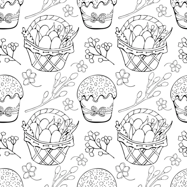 Безшовний візерунок Великдень у векторі. Щасливі великодні прикраси символи кошик з великодніми яйцями. Пасхальний торт, верба, квіти. Щасливі великодні символи, намальовані чорною художньою лінією. Весняний фон . — стоковий вектор