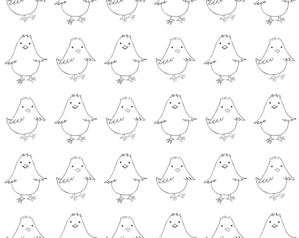 Seamless pattern little chicken art line in vector. Cute chick in cartoon style. Black drawn continuous line. Baby farm animal. Little cute baby chicken. Hand drawn sketch. Bird black and white — Stock Vector