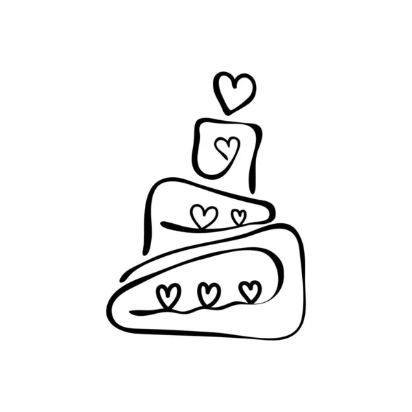 Συνεχές σχέδιο γραμμής. Κέικ γενεθλίων. Σύμβολο της γιορτής που απομονώνεται σε λευκό φόντο. Γαμήλια τούρτα. Χειροποίητη διανυσματική απεικόνιση. Γλυκά εικονιδίου για την ημέρα του Αγίου Βαλεντίνου, γάμος. — Διανυσματικό Αρχείο
