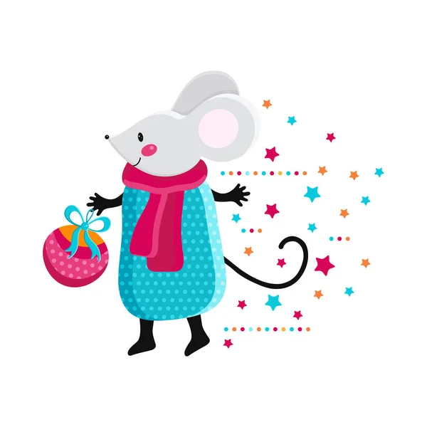 Χαριτωμένο ποντίκι κινουμένων σχεδίων σε διάνυσμα. Ποντίκι Kawaii κατέχει ένα παιχνίδι Χριστουγέννων. Αστείος αρουραίος με Χριστουγεννιάτικη μπάλα. Σύμβολο 2020. Αστεία ζώα διακοπών. Κάρτα ή πανό Χριστουγέννων και Πρωτοχρονιάς. — Διανυσματικό Αρχείο