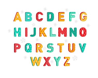Abc. Renkli yeni yıl ya da beyaz arka planda izole edilmiş Noel alfabesi. Çocuk tatil tarzında 3D harfler. Yaratıcı sarı, yeşil ve kırmızı yazı tipi yüksek detay. Çizgi film vektörü