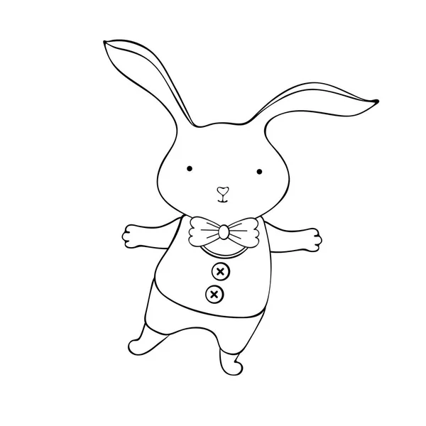 Söt tecknad kanin i vektor. En liten kaninpojke. Vintage handritad. Kawaii roligt djur. Lycklig karaktär. Kort för påsk, semester, födelsedag. Svart och vit konst linje. Barnens färg. — Stock vektor