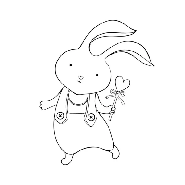 Lindo conejito de dibujos animados en vector. Pequeño conejito. Vintage dibujado a mano. Kawaii animal divertido. Carácter feliz. Tarjeta de Pascua, vacaciones, cumpleaños. Línea de arte en blanco y negro. Niños s para colorear . — Vector de stock