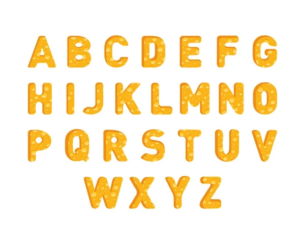 Alfabeto de xesse em 3D. Fonte de queijo, comida na forma de letras. Coleção de cartas de queijo. Símbolos isolados em branco. Alfabeto texturizado amarelo — Vetor de Stock