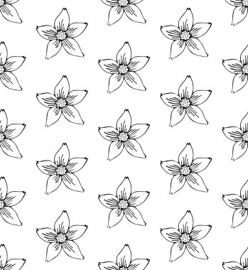 Kusursuz desenli çiçek sanat çizgisi. Beyaz arka planda izole edilmiş vektör içinde Sakura veya Apple çiçek açar. Siyah beyaz çizgili bahar çiçekleri. Bahar ve çiçeklerin simgesi.