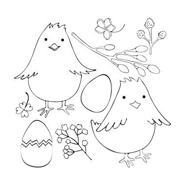 Paskalya için vektör belirlendi. Güzel el çizimi çizgi film tarzı. Simgeler sanat eseri çizimleri, paskalya yumurtası, kabuk, yavru tavuk, söğüt, çiçek, yonca. Siyah beyaz çizgi. Çocuk boyası.