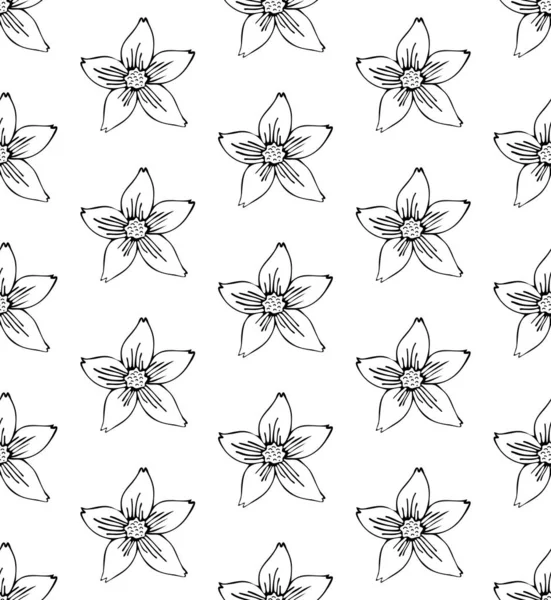Seamless pattern flower art line. Sakura or Apple blossoms in vector isolated on white background. Spring flowers drawn in black and white line. Icon or symbol of spring and flowers.Doodle