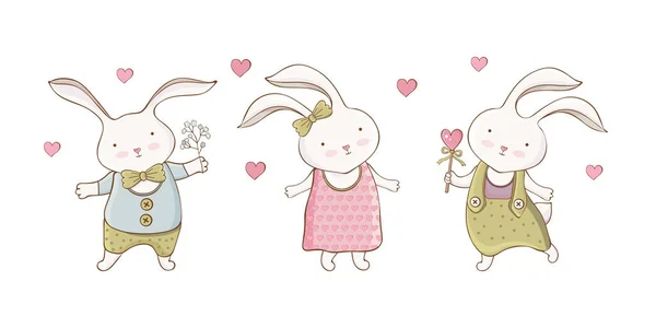 Bir dizi şirin Paskalya tavşanı. Küçük tavşan oğlan ve kız. El çizimi tarzı. Kawaii komik hayvan. Mutlu karakter. Paskalya için tebrik kartı, bayram, doğum günü. Çocuklar hayvanlar..
