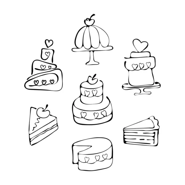 Set of icons tiered birthday cake, piece of cake, sweets. Continuous line drawing. Symbol of celebration. Wedding cake. Hand drawn vector illustration. Icon sweets for Valentine's day, wedding. — Stock Vector