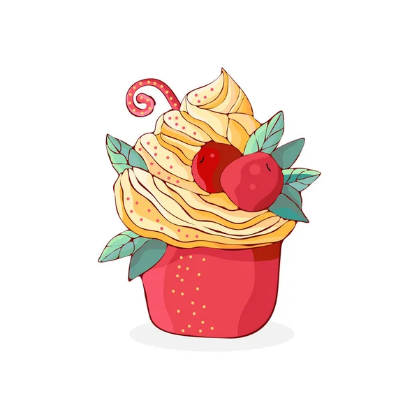 Cartoon cakes in vector. Hand drawn dessert in vintage style. Cap cake with cream and cherry. Sweet food isolated on white background. Design element for decoration of confectionery, — Stock Vector