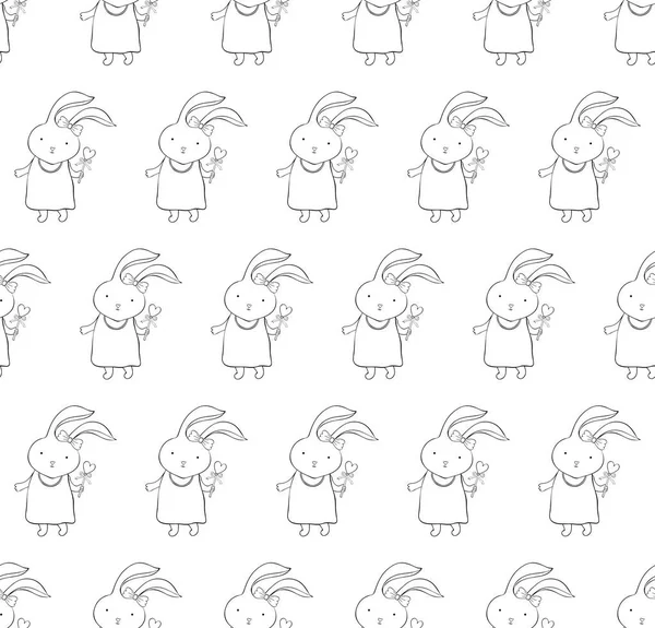 Seamless pattern with cute rabbit in vector. artoon little bunny girl. Vintage hand drawn. Kawaii funny animal. Happy character. Children s holiday background. Black and white art line. — Stock Vector