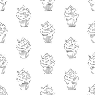 Vektör olarak kusursuz bir tatlı şekli. Pastanın arka planı çizilmiş. Sevgililer günü ve doğum günü için tatlı hamur işleri. Beyaz arka planda siyah çizgiler. Tatlı yemek..